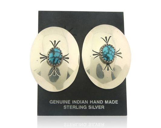 Navajo Earrings 925 Silver Handmade Concho Natural Turquoise Native Artist C80s