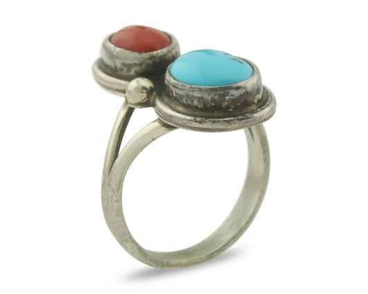 Vintage Navajo Ring 925 Sterling Natural Coral & Turquoise Native Artist Sz 7.0