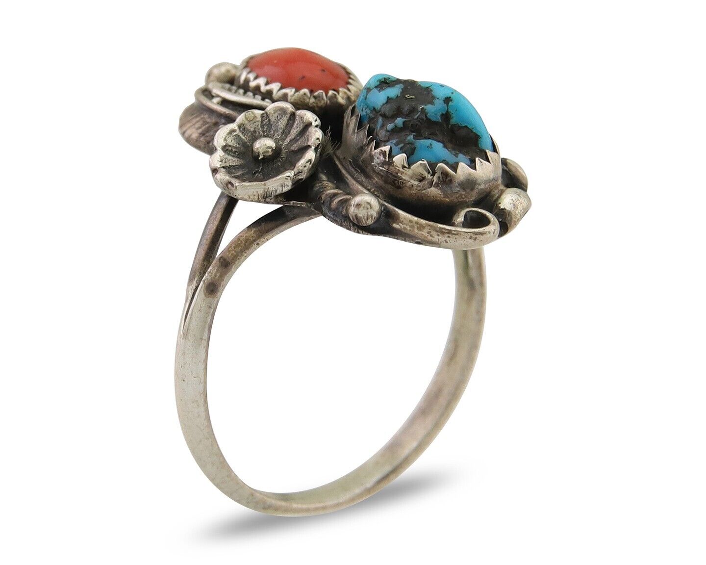 Navajo Ring 925 Silver Turquoise & Coral Artist Signed SC C.80's