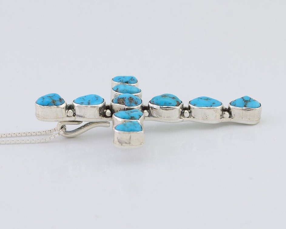 Navajo Cross Necklace 925 Silver Blue Turquoise Signed Native American C.80's