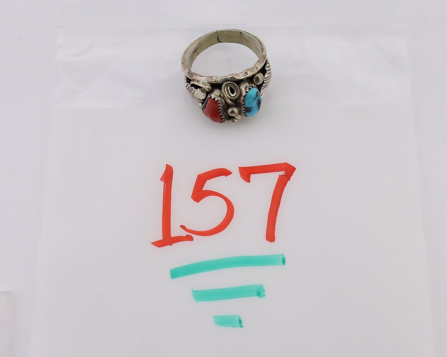 Navajo Ring 925 Silver Coral Turquoise Artist Signed Max Calabaza C.80's