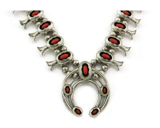 Navajo Necklace 925 Sterling Silver Natural Coral Vintage Artist Signed LK