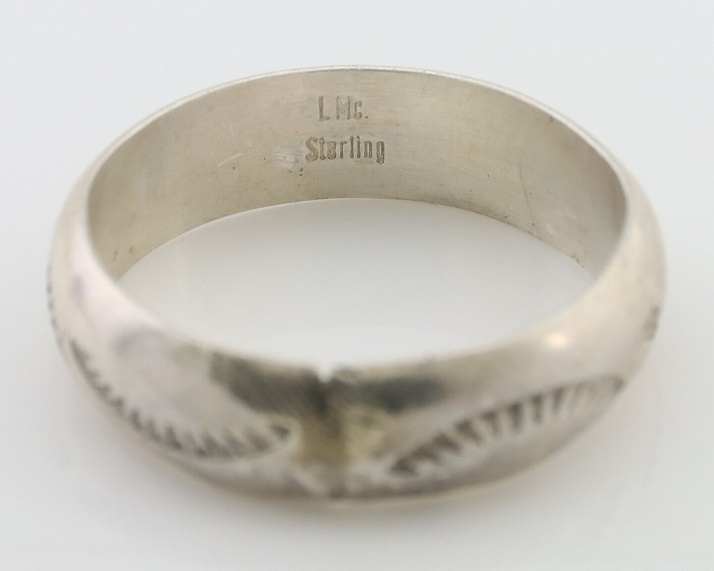 Navajo Hand Stamped Band 925 Silver 6.0 mm Signed Larry Chavez Size 10 C.80's