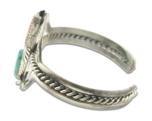 Vintage Navajo Bracelet 925 Silver Red Coral Turquoise Authentic