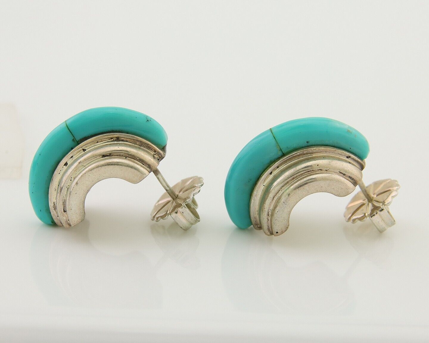 Navajo Half Hoop Earrings 925 Silver Natural Turquoise Artist Signed ShaRay C80s