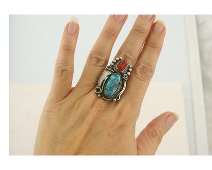Navajo Ring 925 Sterling Natural Coral & Turquoise Signed JM C.80's Size 8.5