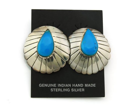 Navajo Dangle Concho Earrings Sterling Silver Natural Turquoise Vintage