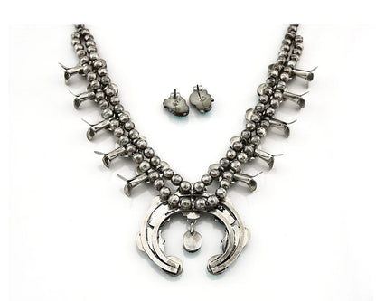 Navajo Squash Necklace Earring Set Sterling Silver Turquoise Vintage C.80's