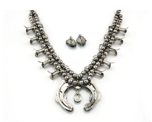 Navajo Squash Necklace Earring Set Sterling Silver Turquoise Vintage C.80's