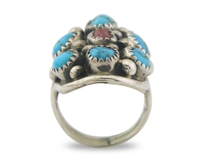 Navajo Ring 925 Sterling Natural Coral & Turquoise Signed MM C.80's Size 6.25