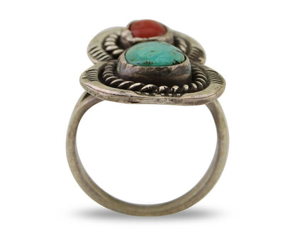 Navajo Handmade Ring 925 Silver Turquoise & Coral Native Artist C.80's