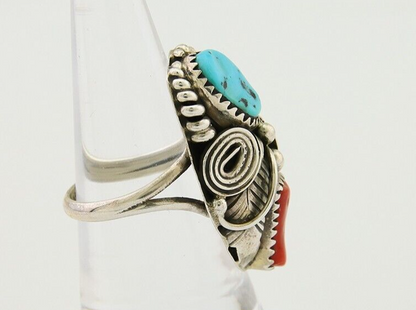 Navajo Handmade Ring 925 Silver Coral & Turquoise Native Artist C.80's