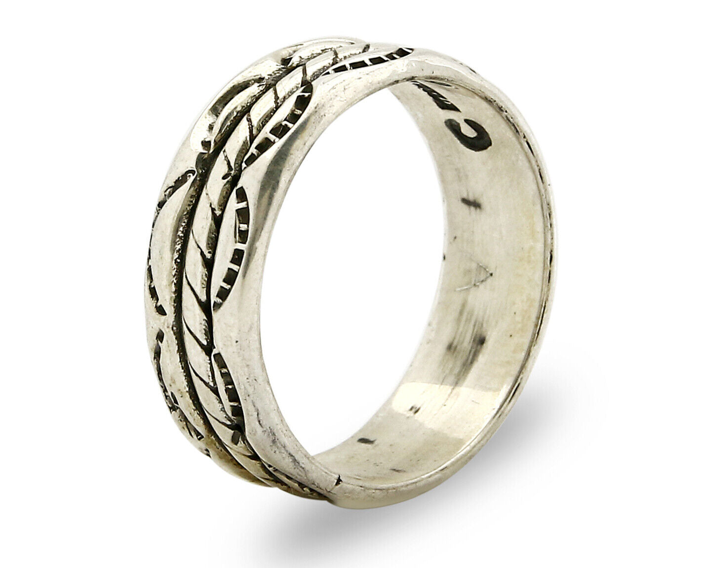 Navajo Ring .925 Silver Handmade Hand Stamped 3 Row Rope Band C.1980s Size 14.25