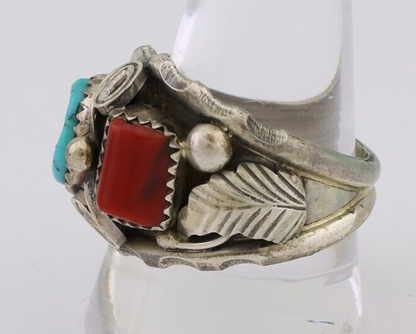 Navajo Ring 925 Silver Coral Turquoise Artist Signed Max Calabaza C.80's
