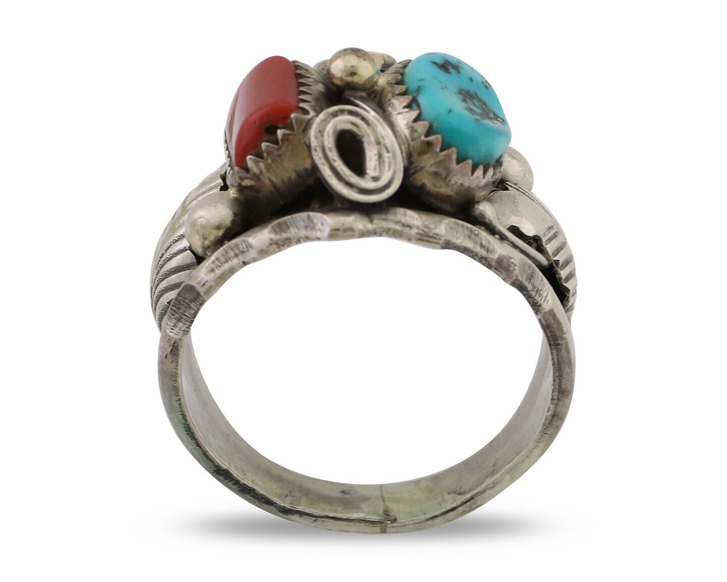 Navajo Ring 925 Silver Coral Turquoise Artist Signed Max Calabaza C.80's
