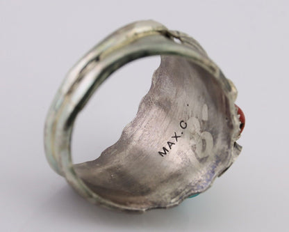 Navajo Ring 925 Silver Coral Turquoise Artist Signed Max Calabaza C.80's