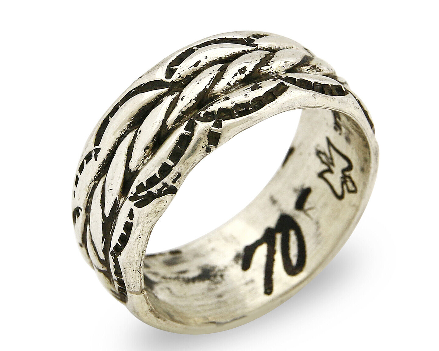 Navajo Ring .925 Silver Handmade Hand Stamped 3 Row Rope Band C.1980s Size 9.75