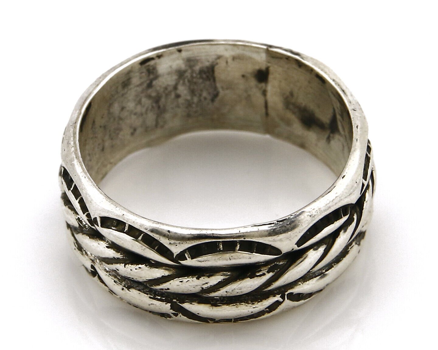 Navajo Ring .925 Silver Handmade Hand Stamped 3 Row Rope Band C.1980s Size 9.75