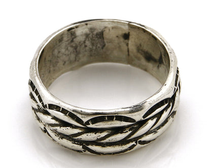 Navajo Ring .925 Silver Handmade Hand Stamped 3 Row Rope Band C.1980s Size 9.75