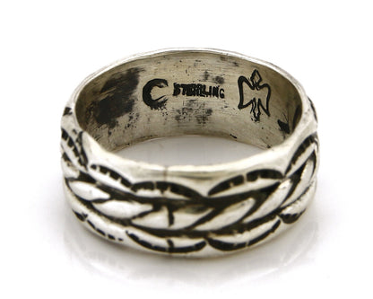 Navajo Ring .925 Silver Handmade Hand Stamped 3 Row Rope Band C.1980s Size 9.75
