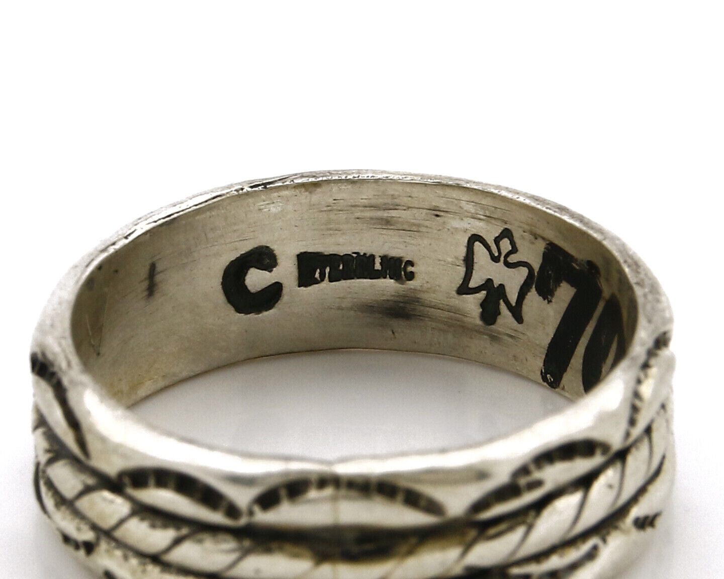 Navajo Ring .925 Silver Handmade Hand Stamped 3 Row Rope Band C.1980s Size 14.25