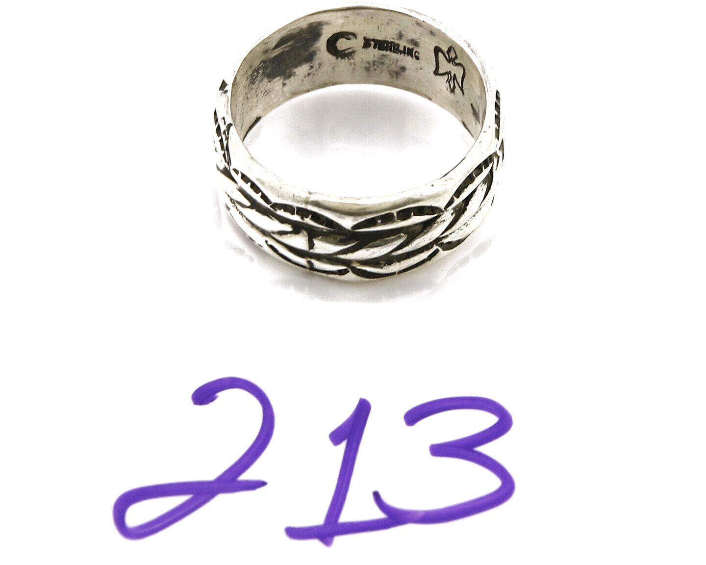 Navajo Ring .925 Silver Handmade Hand Stamped 3 Row Rope Band C.1980s Size 9.75