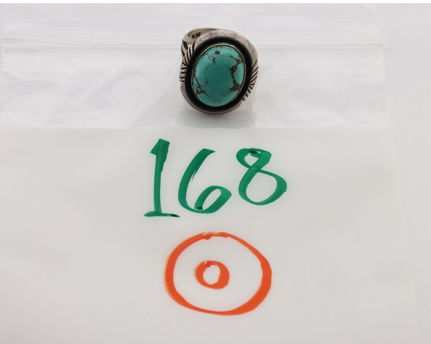 Navajo Ring 925 Silver Natural Blue Turquoise Artist Signed Pictograph C.80's