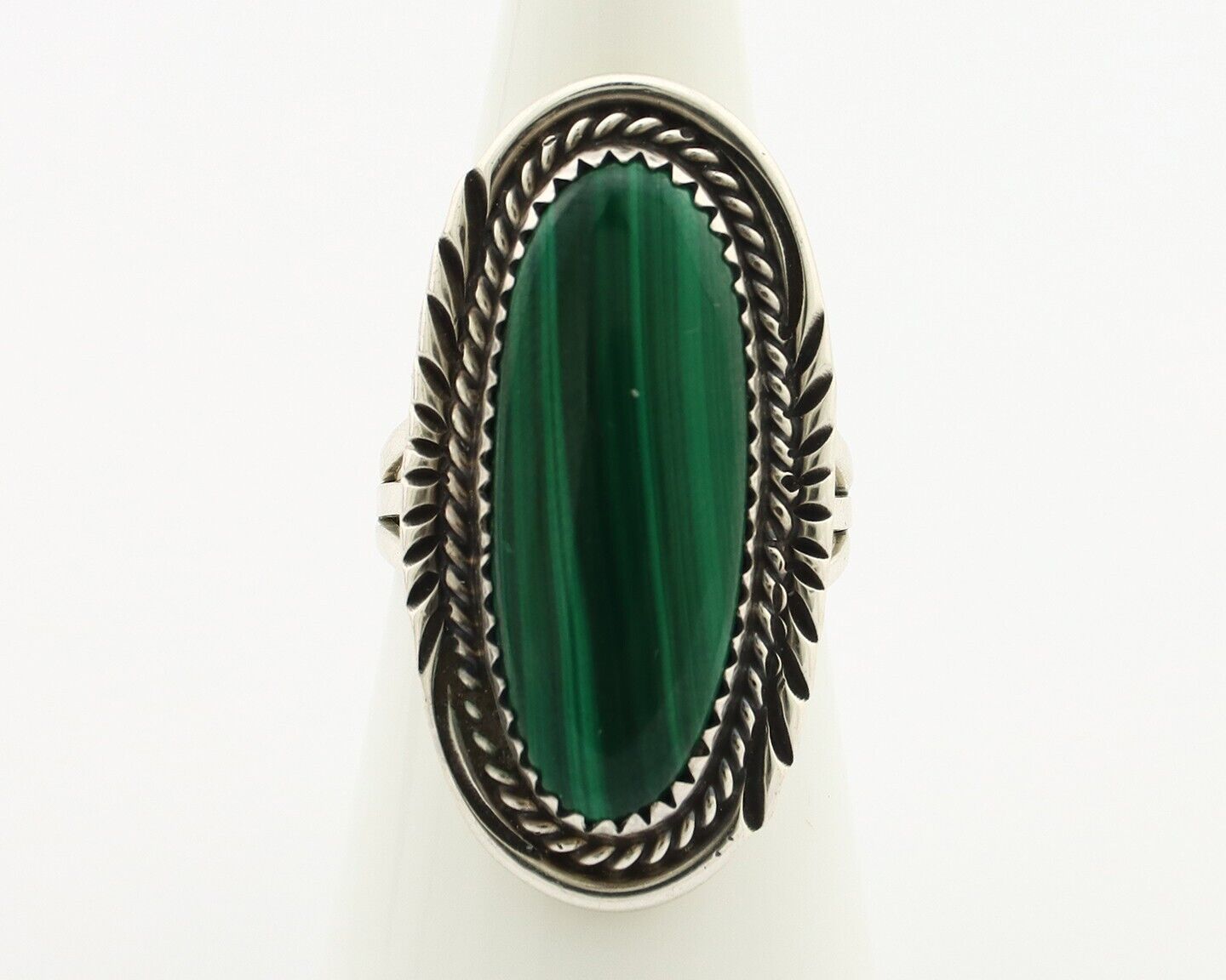 Navajo Ring .925 Silver Malachite Hand Stamped Signed William Denetdale C.80's