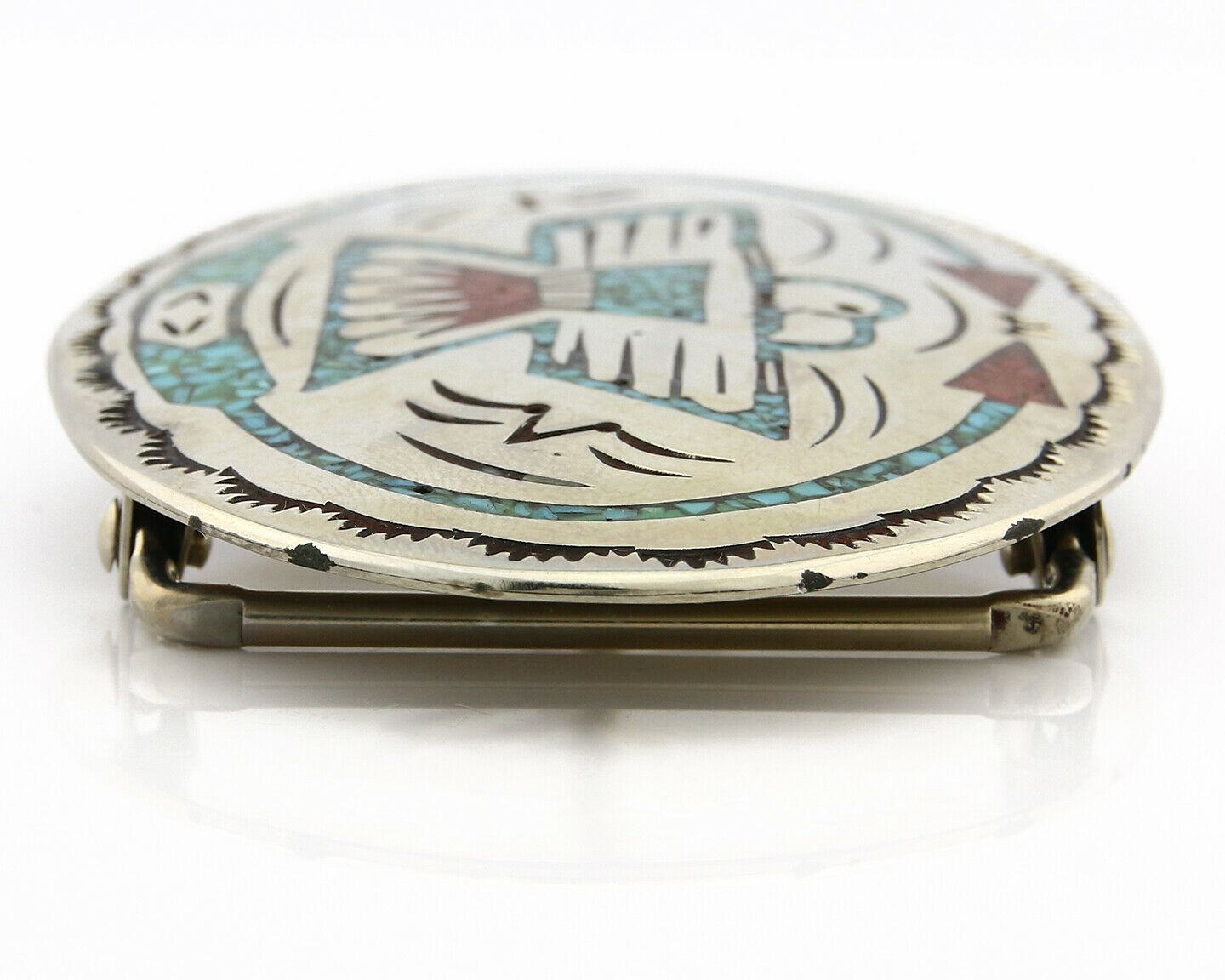 Navajo Belt Buckle .999 Nickle Silver Turquoise Coral Signed SD C.80's