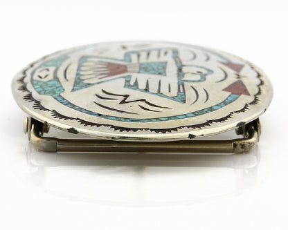Navajo Belt Buckle .999 Nickle Silver Turquoise Coral Signed SD C.80's