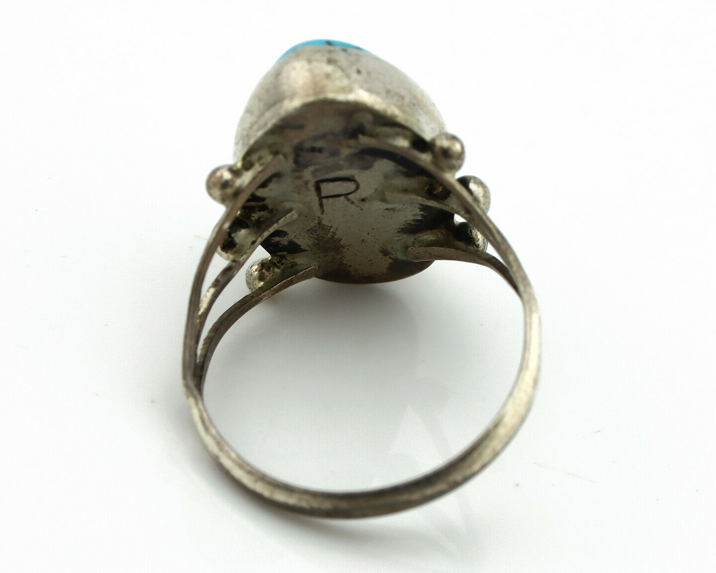 Navajo Ring .925 Silver Morenci Turquoise Artist Signed R C.80's