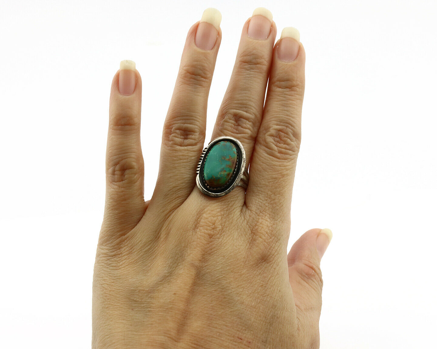 Navajo Ring .925 Silver Kingman Turquoise Native American Artist C.1980's
