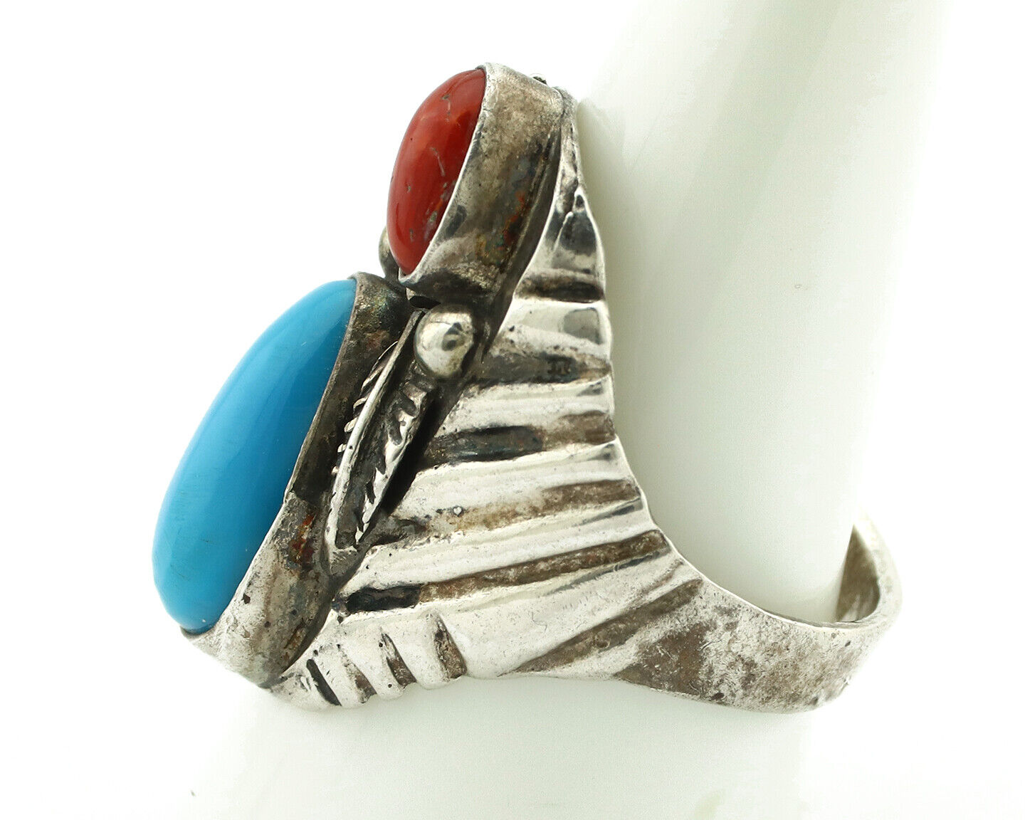 Navajo Ring 925 Silver Coral & Easter Blue Turquoise Native Artist C.1980's