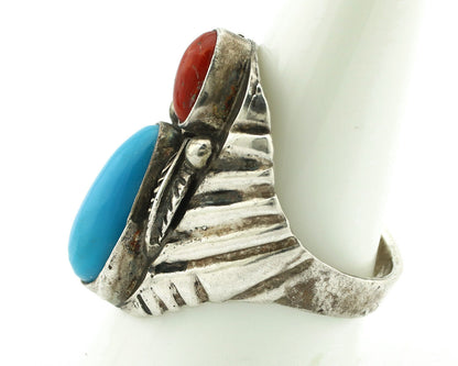 Navajo Ring 925 Silver Coral & Easter Blue Turquoise Native Artist C.1980's