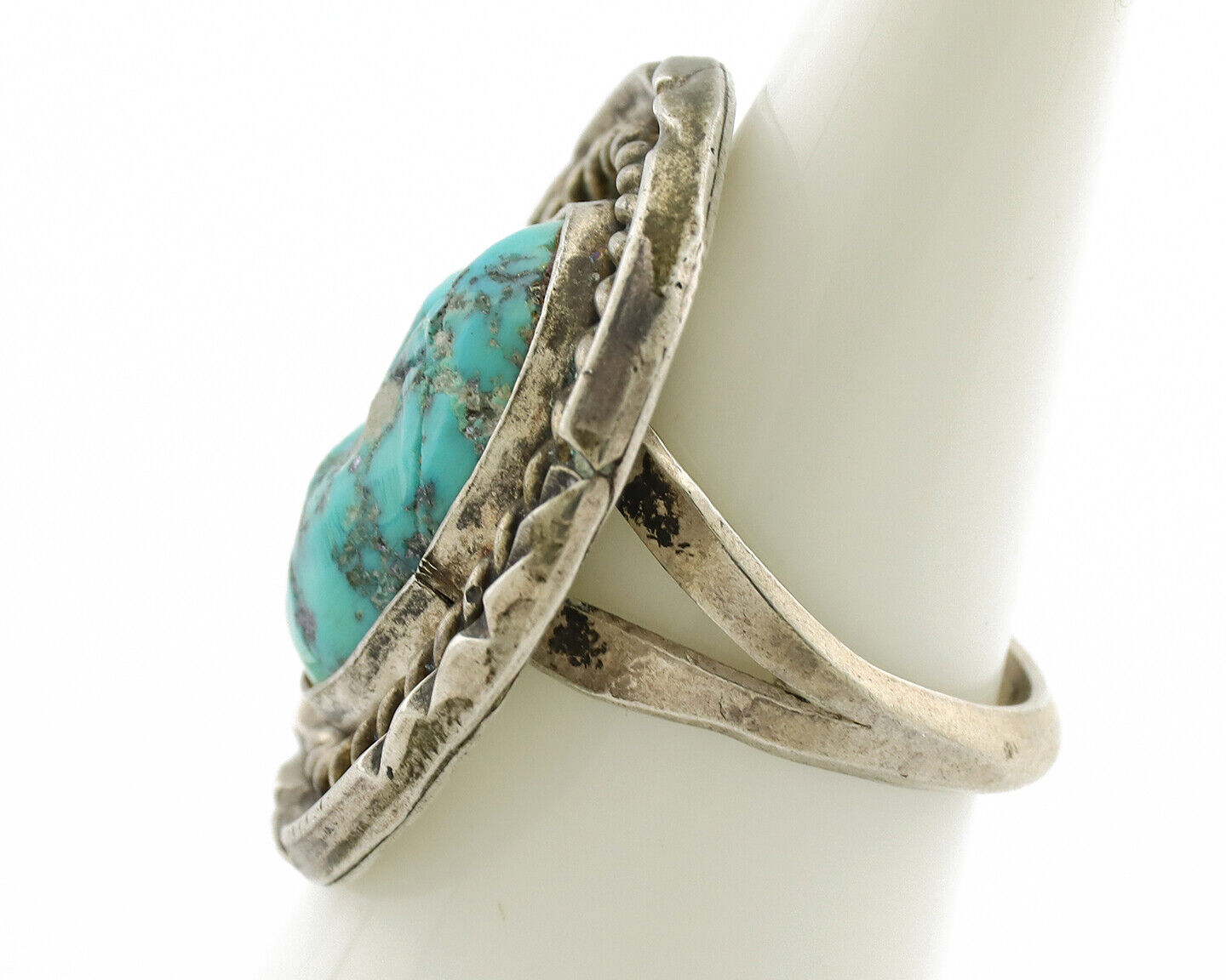 Navajo Ring .925 Silver Globe Turquoise Hand Stamped Native American Artist C80s