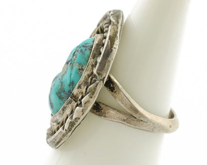 Navajo Ring .925 Silver Globe Turquoise Hand Stamped Native American Artist C80s