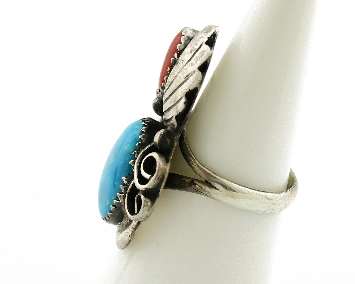 Navajo Ring 925 Silver Turquoise & Coral Artist Signed Native American C.80s