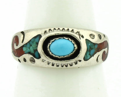 Navajo Handmade Ring 925 Silver Blue Turquoise & Coral Native American C.80's