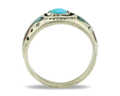 Navajo Handmade Ring 925 Silver Blue Turquoise & Coral Native American C.80's