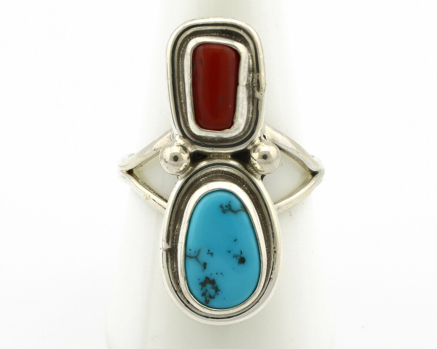Navajo Ring .925 Silver Blue Turquoise & Red Coral Native American Artist C.80's