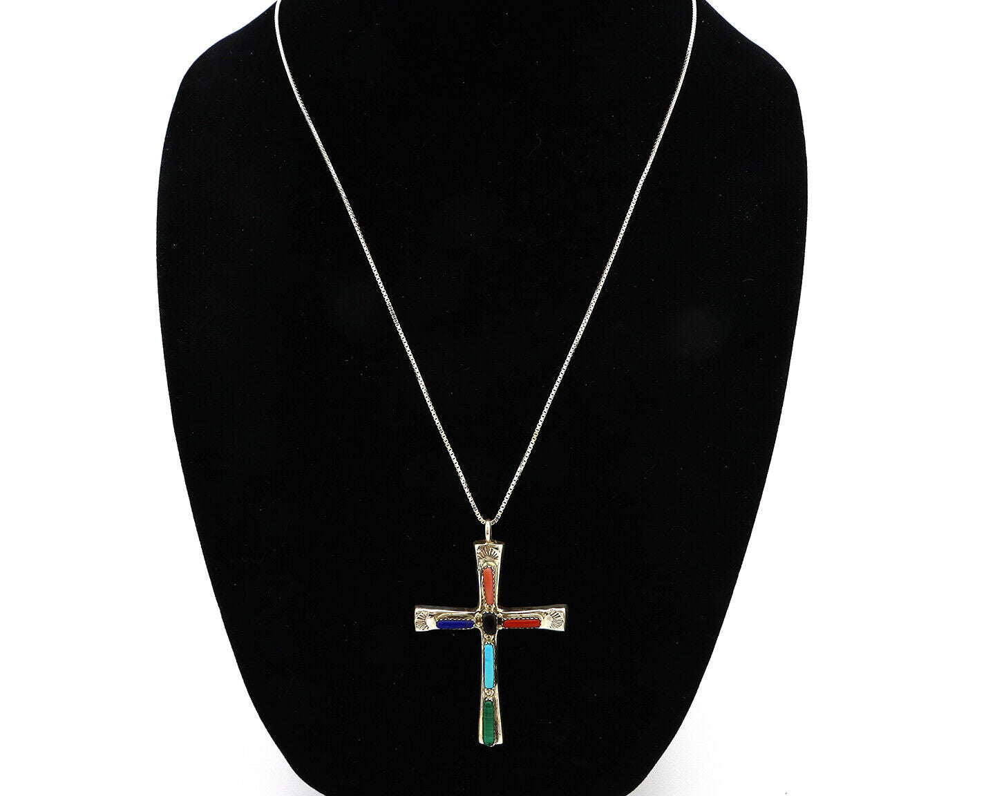 Zuni Handmade Cross Necklace 925 Silver Natural Gemstone Signed L. IULE C.80's