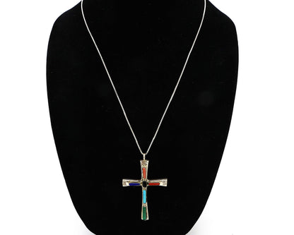 Zuni Handmade Cross Necklace 925 Silver Natural Gemstone Signed L. IULE C.80's