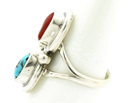 Navajo Ring .925 Silver Red Coral & Blue Turquoise Native Artist C.80's