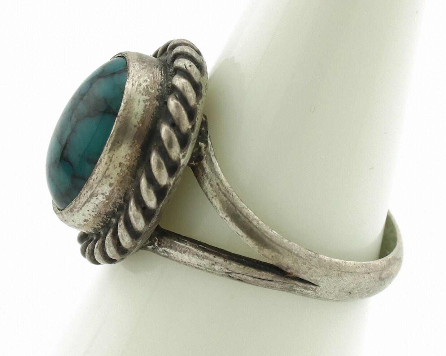 Navajo Ring .925 Silver Spiderweb Turquoise Native Artist C.1980's