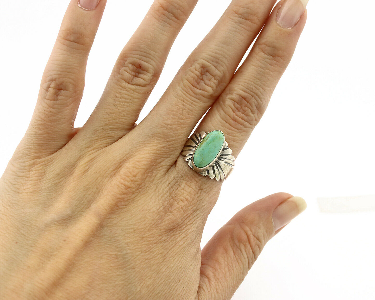 Navajo Ring .925 Silver Kingman Turquoise Artist Signed Apache C.80's