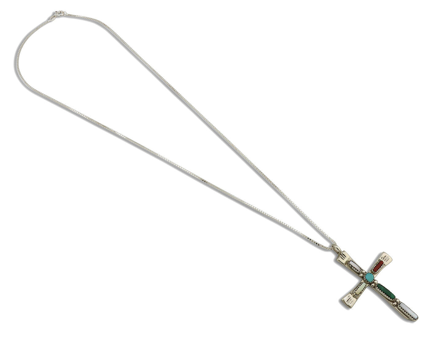 Zuni Handmade Cross Necklace 925 Silver Natural Gemstone Signed L. IULE C.80's
