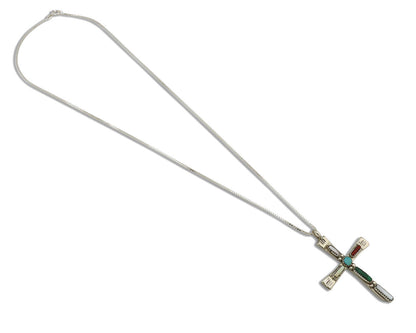Zuni Handmade Cross Necklace 925 Silver Natural Gemstone Signed L. IULE C.80's