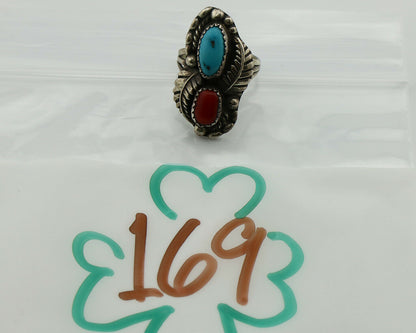 Navajo Ring .925 Silver Turquoise & Coral Artist Signed Thomas Singer C.80's