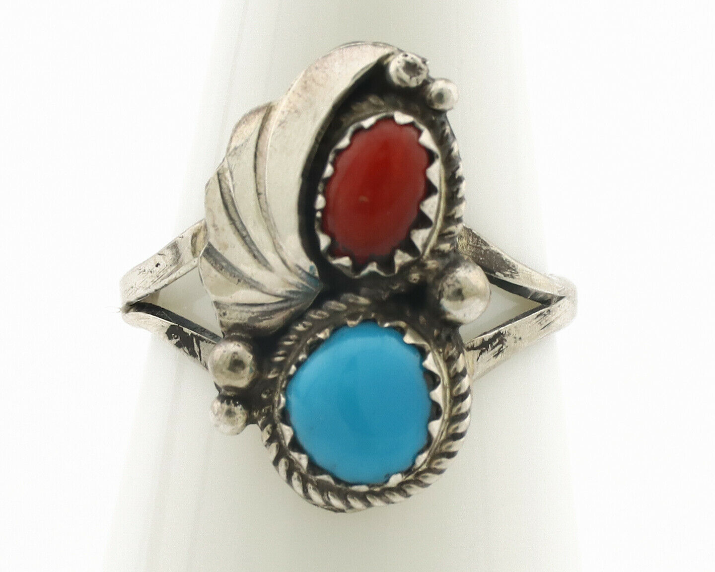 Navajo Ring .925 Silver Morenci Turquoise & Coral Native Artist Signed JM C.80's