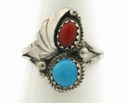 Navajo Ring .925 Silver Morenci Turquoise & Coral Native Artist Signed JM C.80's